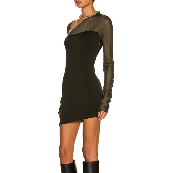 MUGLER Asymmetrical Sheer Mini Dress Military Green - XS - NWT - Picture 3 of 4